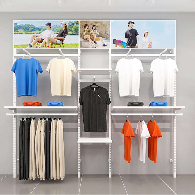 Tienda de ropa estante de exhibición colgante estante de piso estante de exhibición de pared de pared de bloqueo estante de ropa de hombre pared accesorios de exhibición