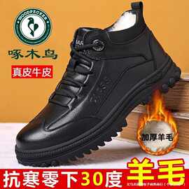 啄木鸟男鞋真皮羊毛男士棉鞋冬季加绒休闲高筒保暖皮鞋防滑雪地靴