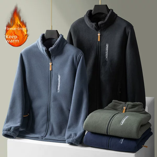 Outdoor Fleece Jacket Men's Polar Fleece Jacket Men's Autumn and Winter Thickeneded Double-Sided Fleece Jacket Liner Men's Sweatshirt Cardigan