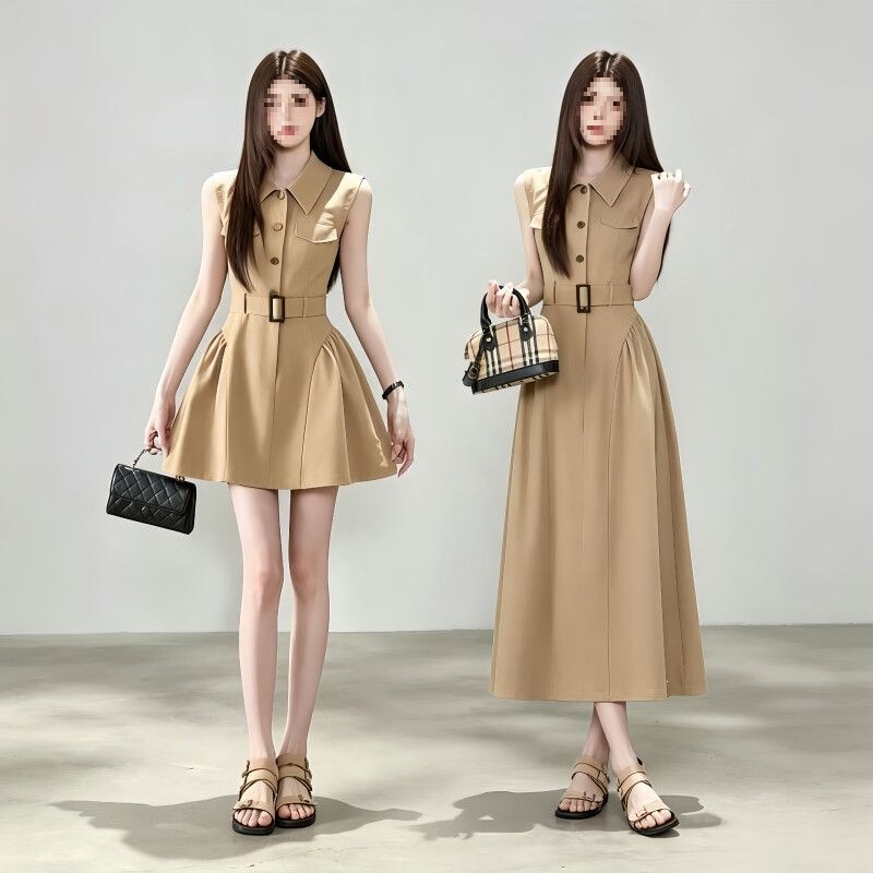 Elegant Waist-Cinching Sleeveless Dress, Slimming Shirt-Style Long Dress, New Summer Fashion, French Style Elegant Waist-Cinching Sleeveless Dress, Slimming Shirt-Style Long Dress, New Summer Fashion, French Style