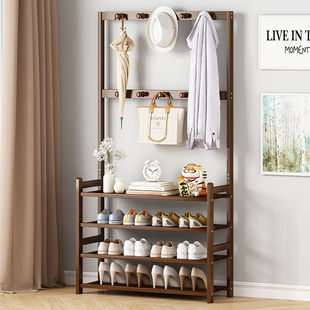 Shoe Rack Coat Rack Integrated Simple Household Doorway Storage Multi-Layer Shoe Cabinet Solid Wood Large Capacity Solid Storage Rack