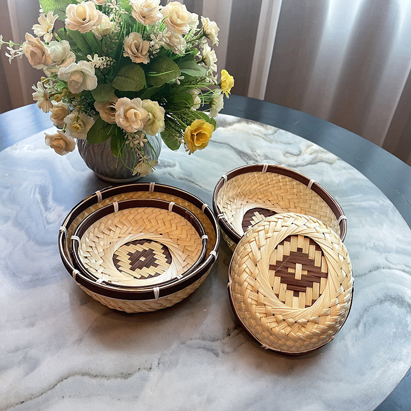 Color-blocked Bamboo Fruit Plate And Fruit Basket,Pure Hand-woven Bamboo Products,Household Round Dustpan,Candy And Biscuit Storage Basket
