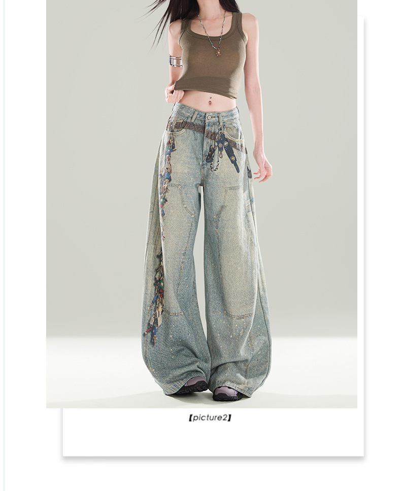 Men's Vintage Washed Print Jeans Hip-Hop Straight-Leg Loose Fit Denim Blue Breathable Polyester Blend S-3XL_mkmklike.com