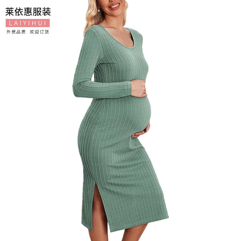Cross-border new dress maternity dress long sleeve side loose knitted rib pregnant women tight autumn and winter dress Cross-border new dress maternity dress long sleeve side loose knitted rib pregnant women tight autumn and winter dress