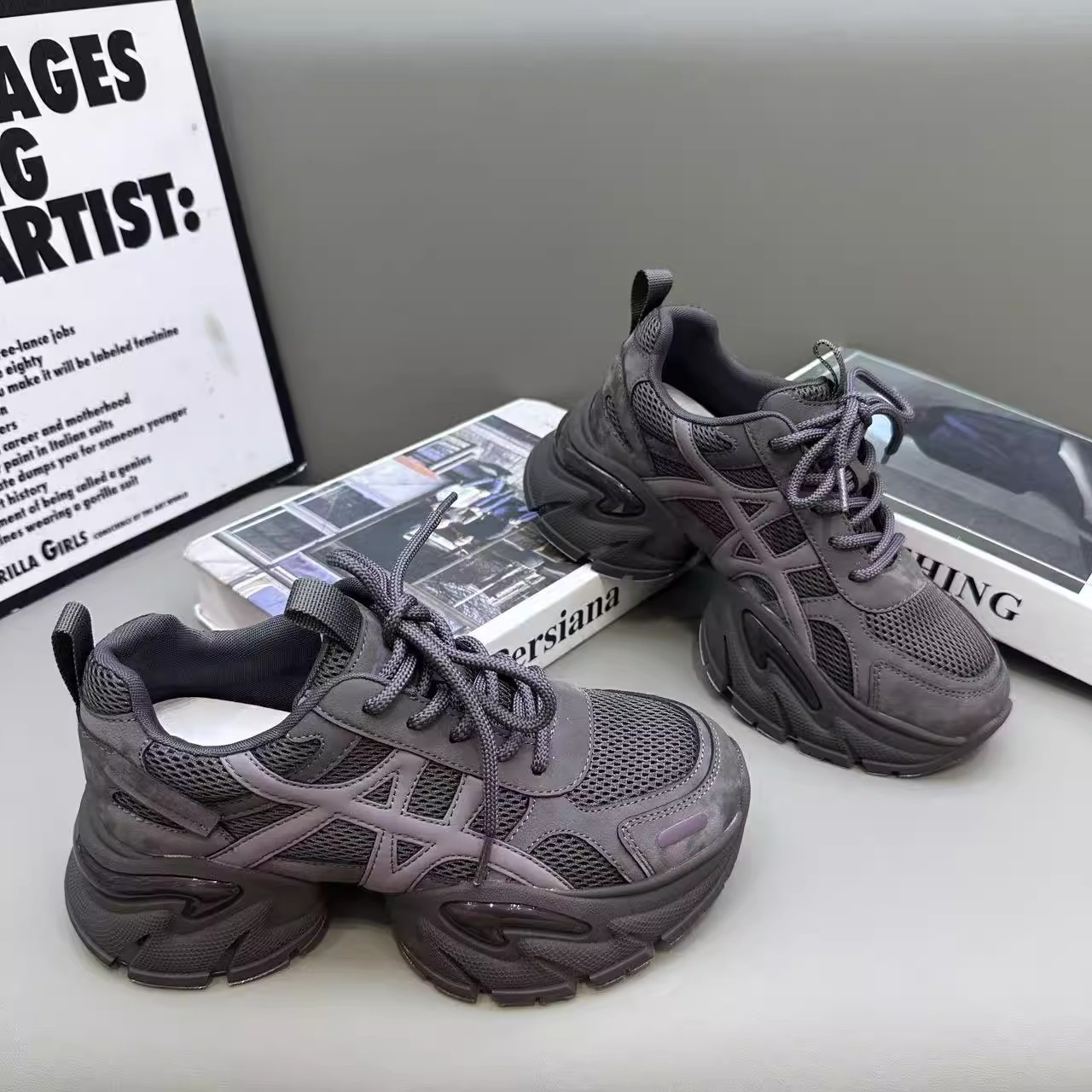 Genuine Leather Dad Shoes Women's Sports Shoes 2025 Autum New Thick-Soled Height-Increasing Women's Shoes Casual Mesh Shoes