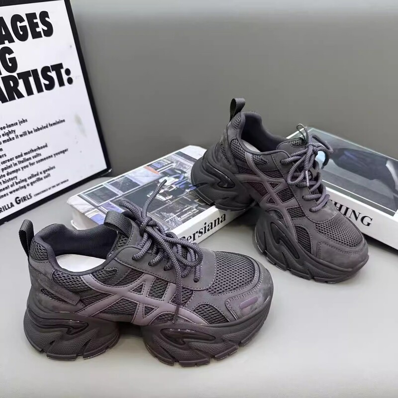 Genuine Leather Dad Shoes Women's Sports Shoes 2025 Autum New Thick-Soled Height-Increasing Women's Shoes Casual Mesh Shoes