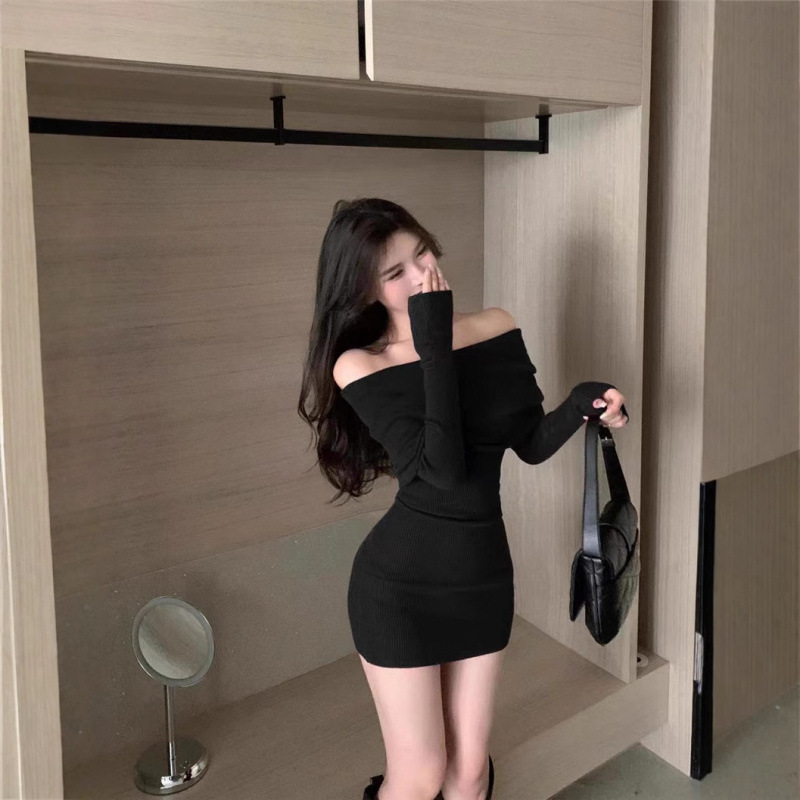 法式感辣妹一字肩连衣裙女秋冬季新款紧身显瘦内搭包臀短裙子|undefined