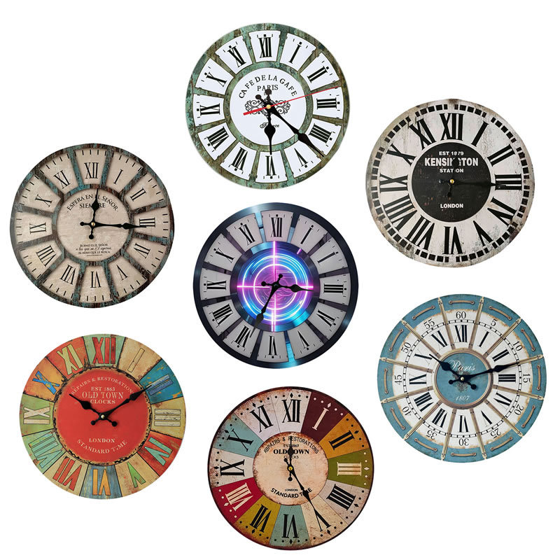 跨境挂表简约挂钟复古钟表创意时钟木质静音美式客厅卧室壁挂钟