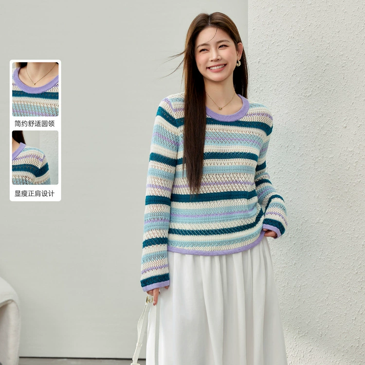 [Ретро полосатый полый модный темперамент дикий свитер] Полосатый большой размер женский толстый mm2025 весенний новый