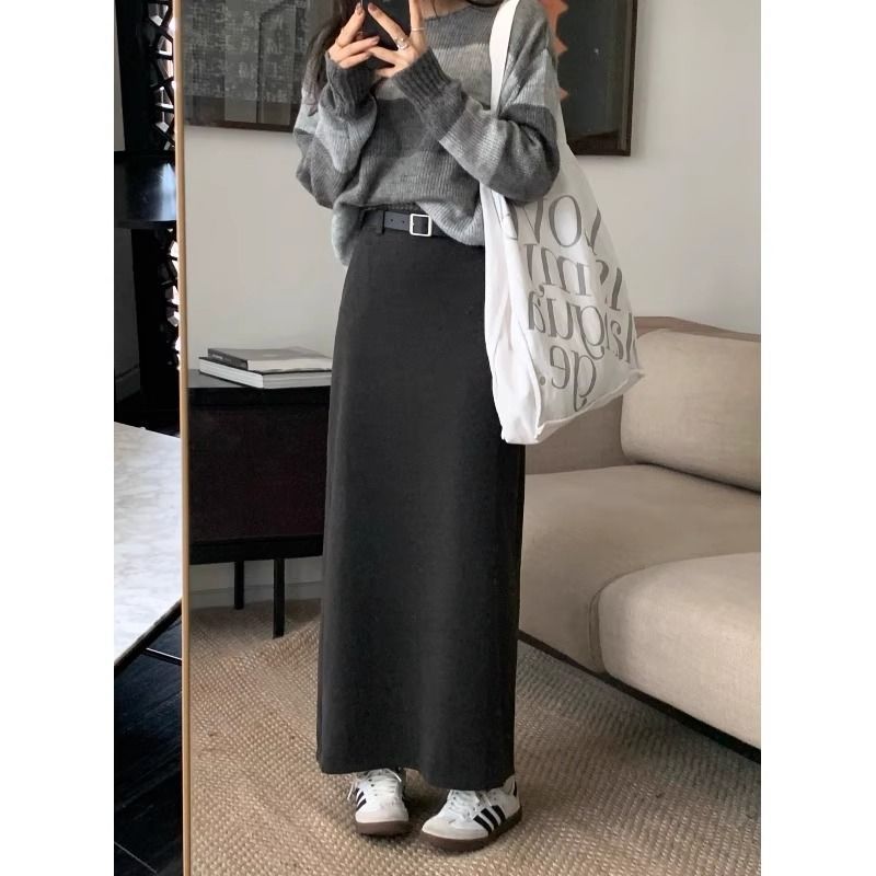 美拉德毛呢西装灰色半身裙女秋冬2025新款高腰显瘦A字包臀长裙子|undefined