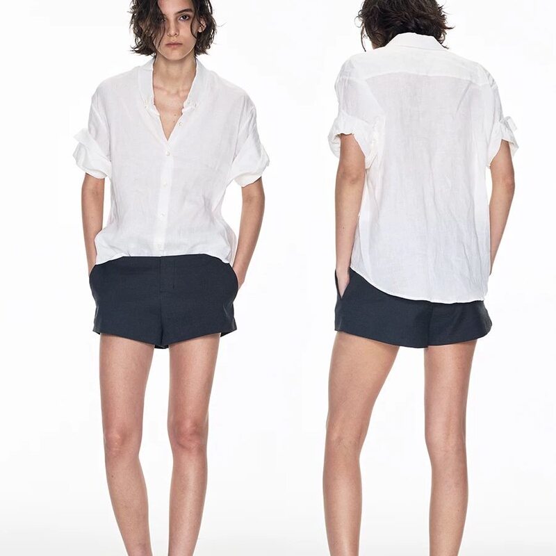 Thelike Original Heavy-Duty Craftsmanship Hand-Rolled Edge Old Money Style Practical Linen Short-Sleeve White Shirt for Women
