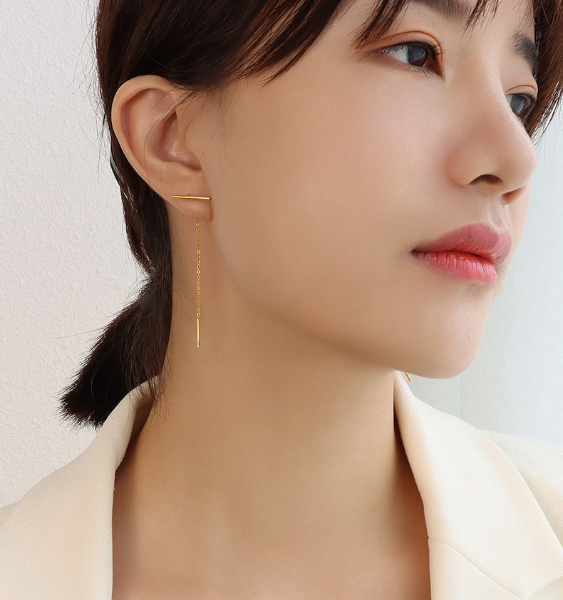 Wholesale Jewelry Simple T-Shape Long Tassel Titanium Steel Earrings Colorza_colorza_1