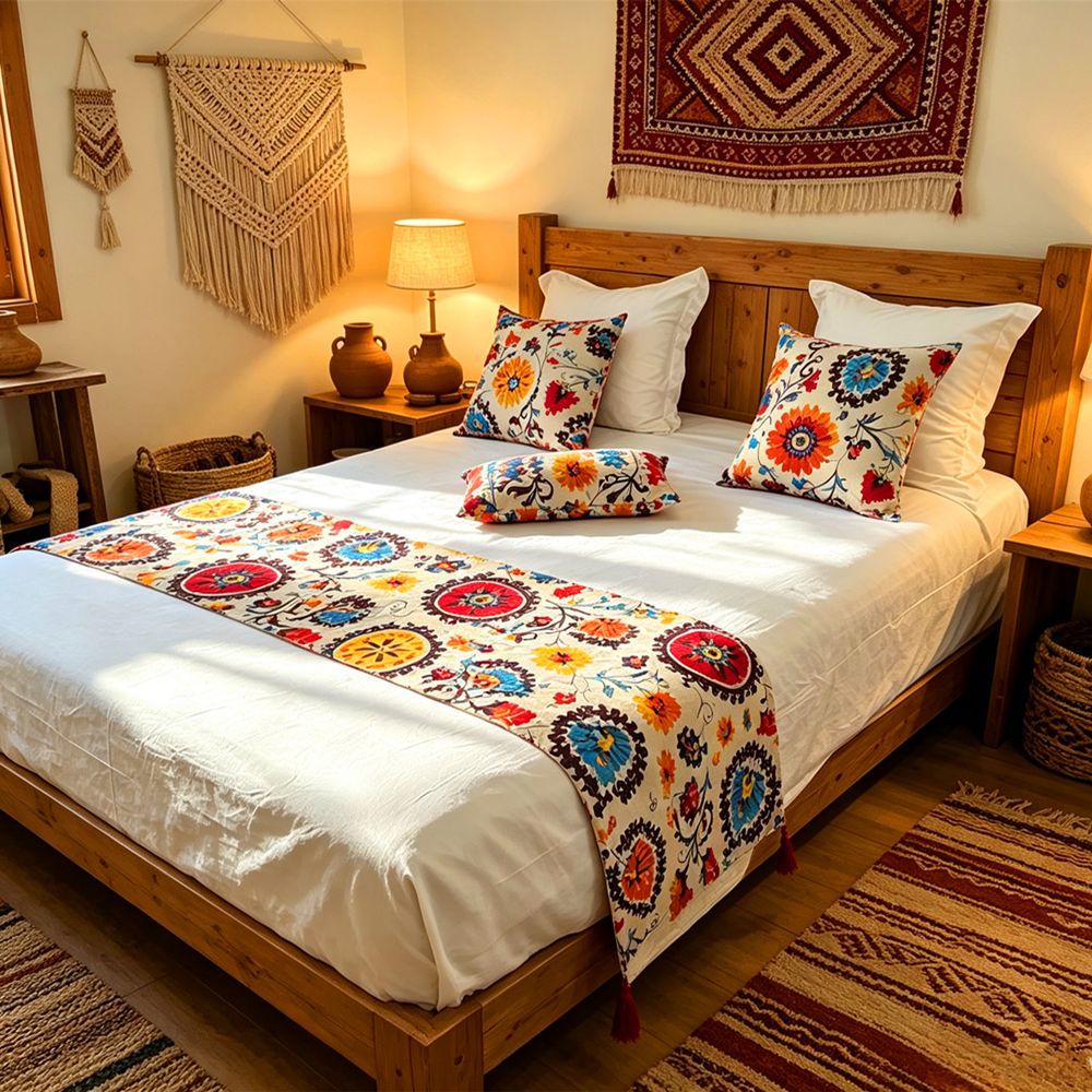 Cross-border cotton and linen vintage Southeast Asian ethnic style sunflower bed runner for guesthouses and hotels, bed end scarf, bed cover cloth