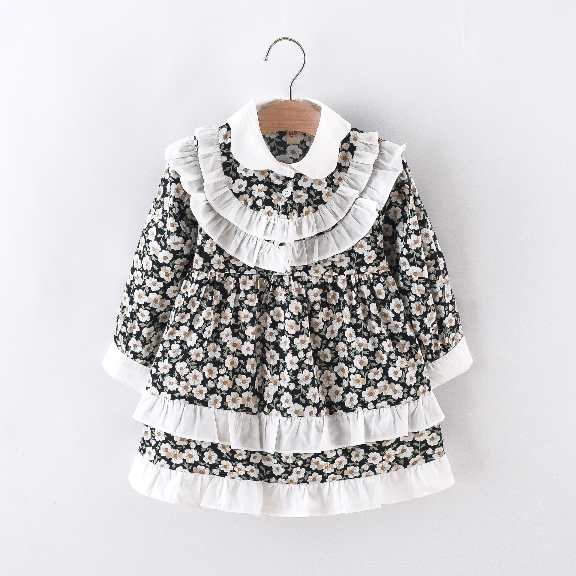 Children's clothing girls' dress 2024 Spring and Autumn new style lace patchwork doll collar Korean version long sleeved_voghion.com