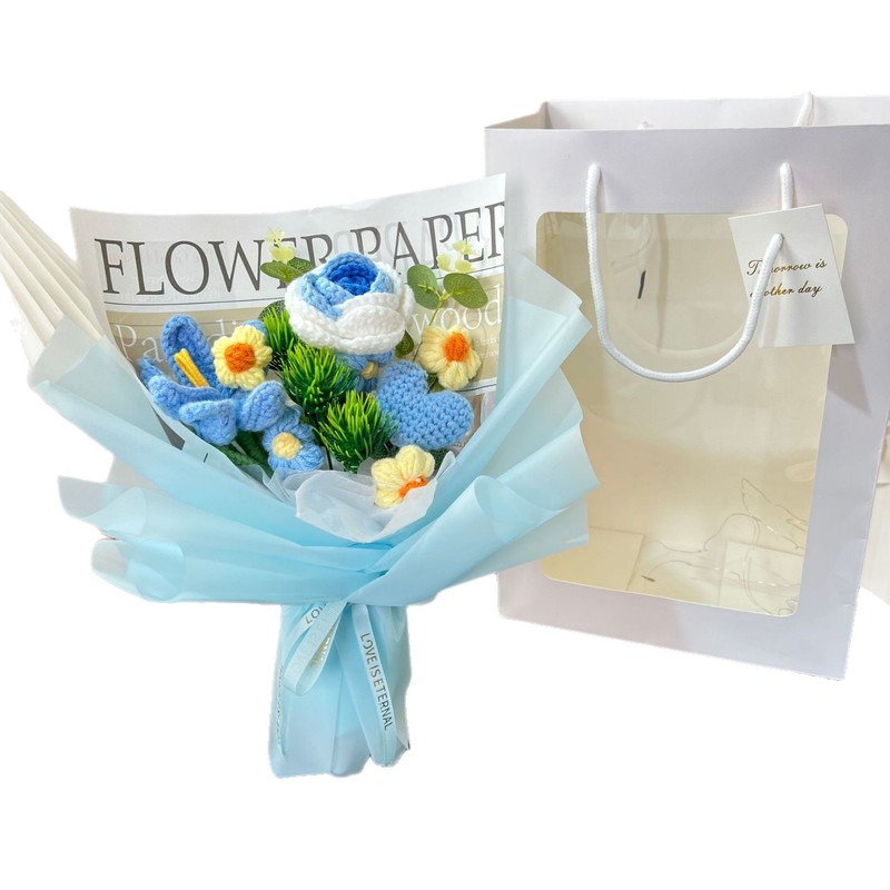 跨境向日葵针织毛线花编织玫瑰花情人节送女友生日礼物玫瑰花束|undefined