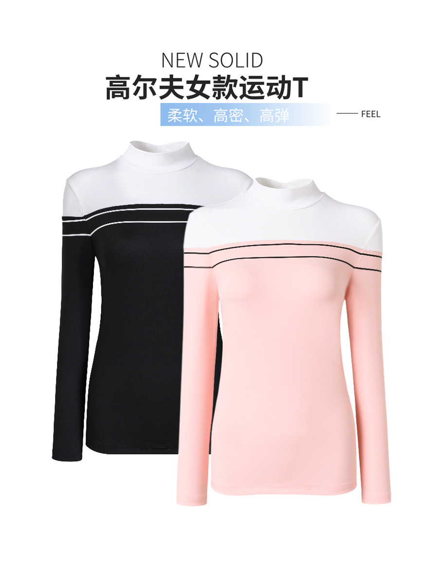 เสื้อกีฬากอล์ฟสำหรับฤดูใบไม้ผลิและฤดูใบไม้ร่วง สำหรับผู้หญิง เสื้อยืดแขนยาว ทรงสลิมฟิต แห้งเร็ว ผ้ามีความยืดหยุ่นสูง ลายสีตัดกัน ให้ความอบอุ่น ระบายอากาศดี