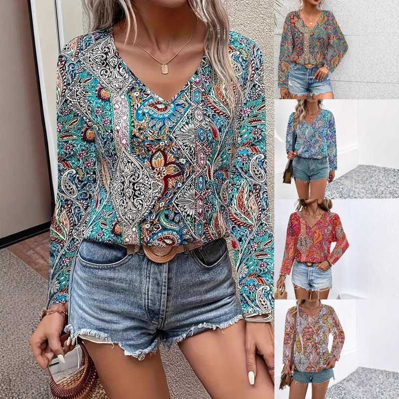 2025 European and American New Hot-Selling Women's Bolo Shirt Paisley Print V Neck Long-Sleeved Shirt Women's Clothing