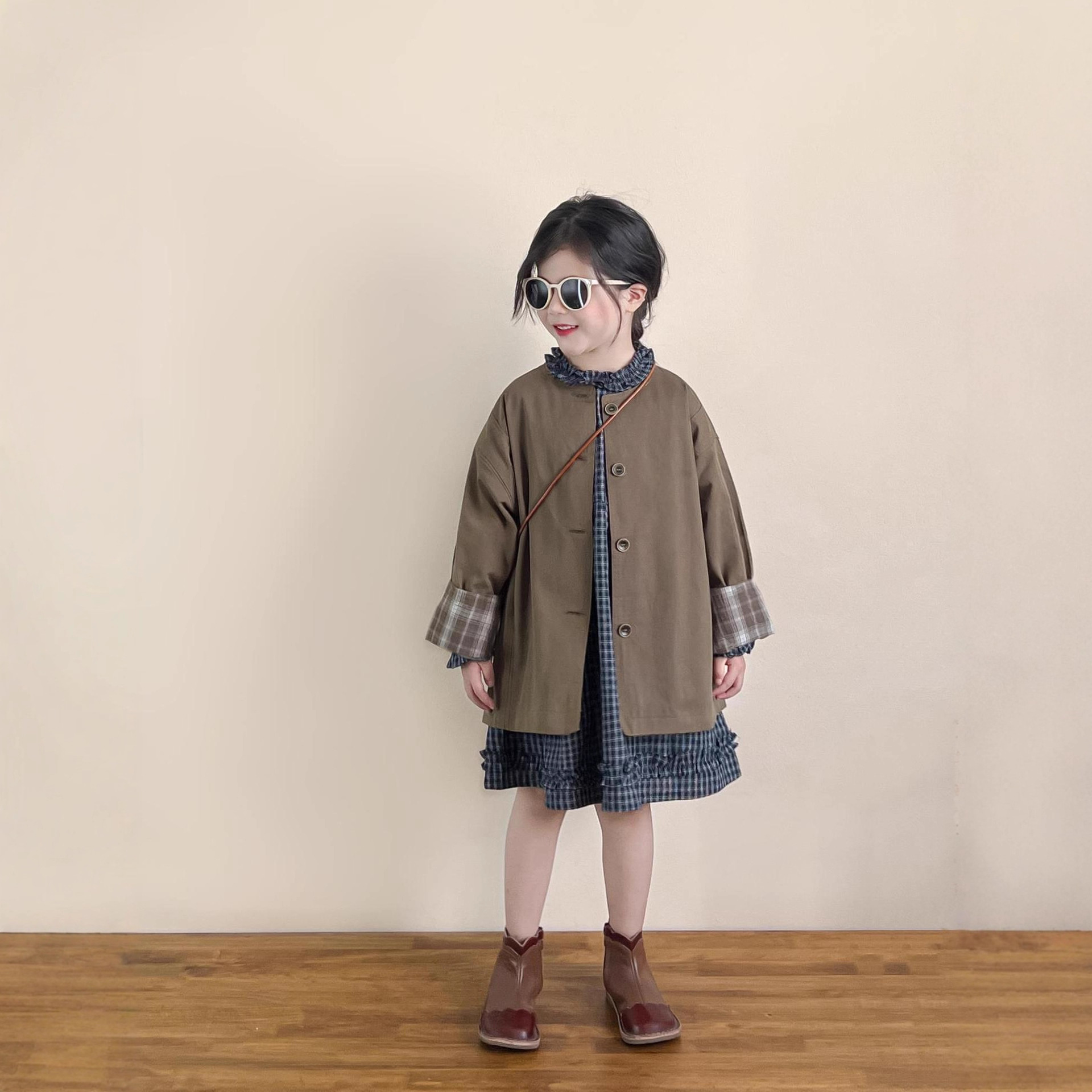 女童秋装英伦复古风圆领防风中长款风衣休闲宽松咖格翻袖夹克外套