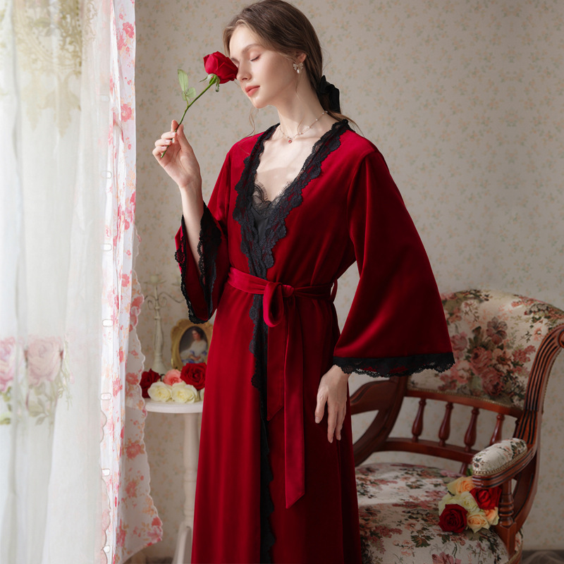Red Morning Gown Women's Bridal Wedding Sleepwear Sexy Robe Two-Piece Set Autumn Winter Maid of Honor Velvet Tank Top Dress