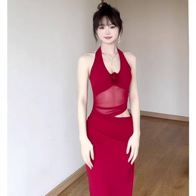 Light Luxury Hepburn Sexy Socialite Mesh Splicing Dress High Slit Revealing Legs Slimming Classy Banquet Dress Long Skirt Light Luxury Hepburn Sexy Socialite Mesh Splicing Dress High Slit Revealing Legs Slimming Classy Banquet Dress Long Skirt