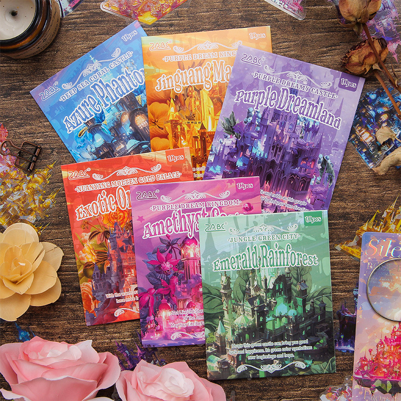 Sky Fortress transparente pegatinas impermeables para mascotas bolsas diy diario de mano pegatinas decorativas pegatinas de construcción láser pegatinas de castillo