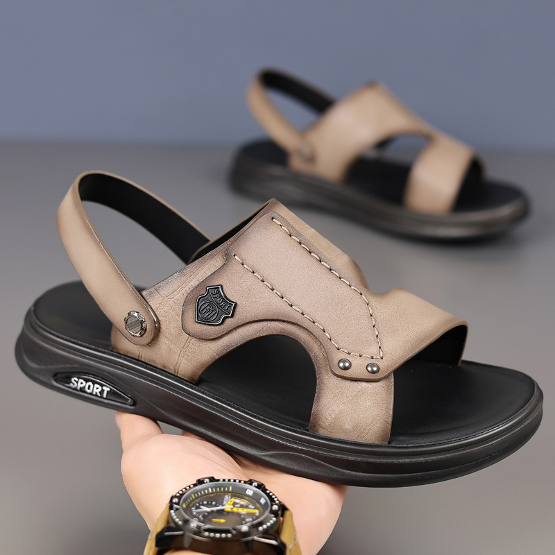 Verano nuevo cabeza de cuero de vaca zapatos de playa para hombres zapatillas de cuero transpirables y frías zapatillas antideslizantes para hombres