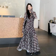 法式优雅收腰网纱长袖连衣裙2025早秋新款慵懒风气质显瘦薄纱长裙