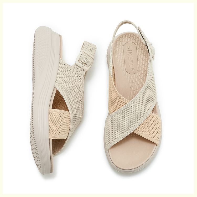 Sandal nữ quai chéo dệt kim phối dây rút, đế MD nhẹ êm — màu be, màu đen, xanh lam, màu hồng chi tiết 30