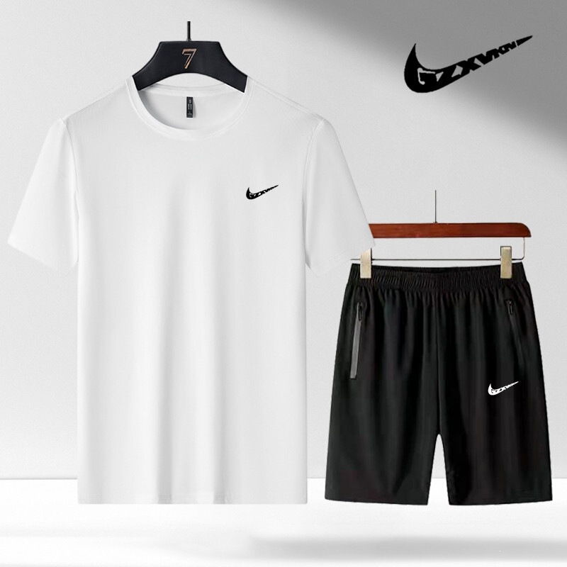 Summer quick-dry ice silk short-sleeve suit for men, trendy brand round-neck solid color T-shirt and shorts, sports casual men's outfit Summer quick-dry ice silk short-sleeve suit for men, trendy brand round-neck solid color T-shirt and shorts, sports casual men's outfit
