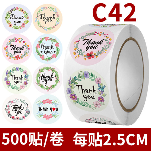Cross-border multiple patterns roll-packed self-adhesive stickers thank you flowers cute seal stickers wedding decoration labels