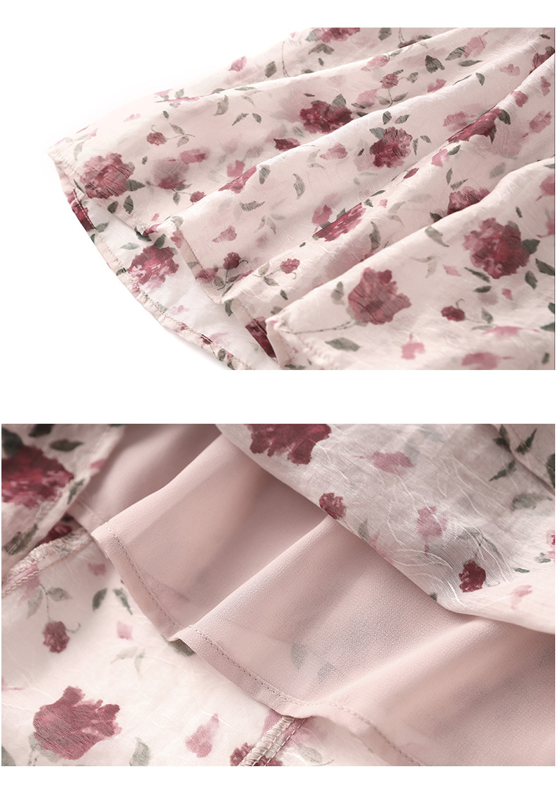 Váy maxi nữ thắt eo tay lỡ in họa tiết chất Tencel Crepe phong cách Pháp — Màu hồng chi tiết 13