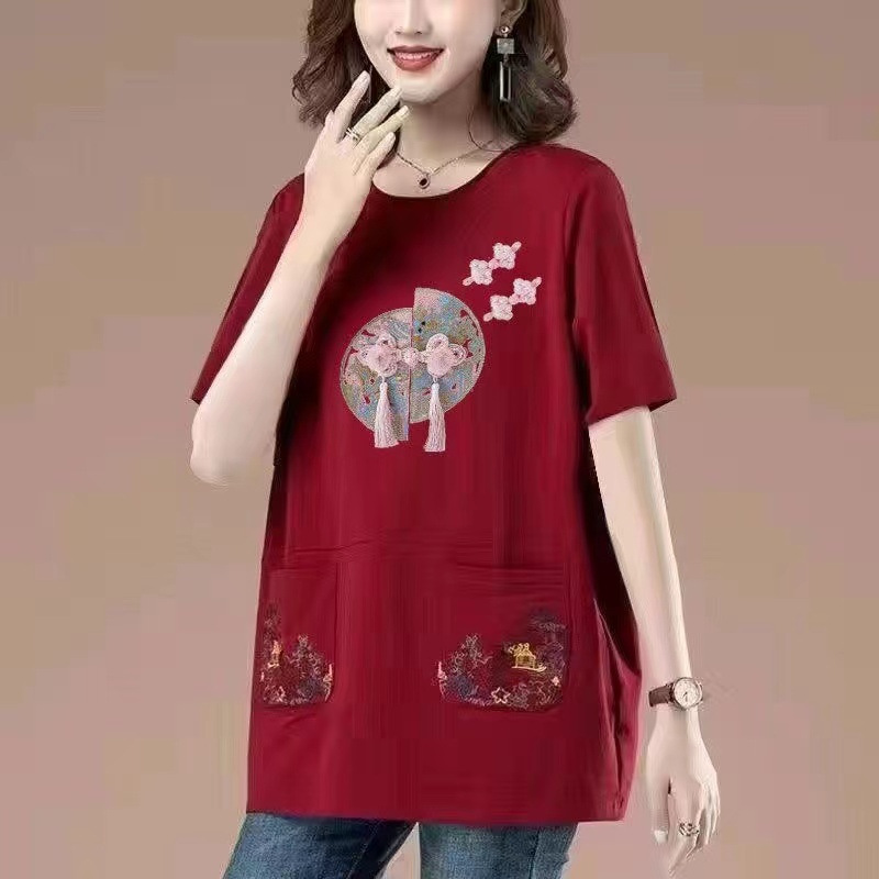 妈妈短袖t恤女夏季大码宽松休闲遮肚显瘦中老年薄款刺绣上衣批发