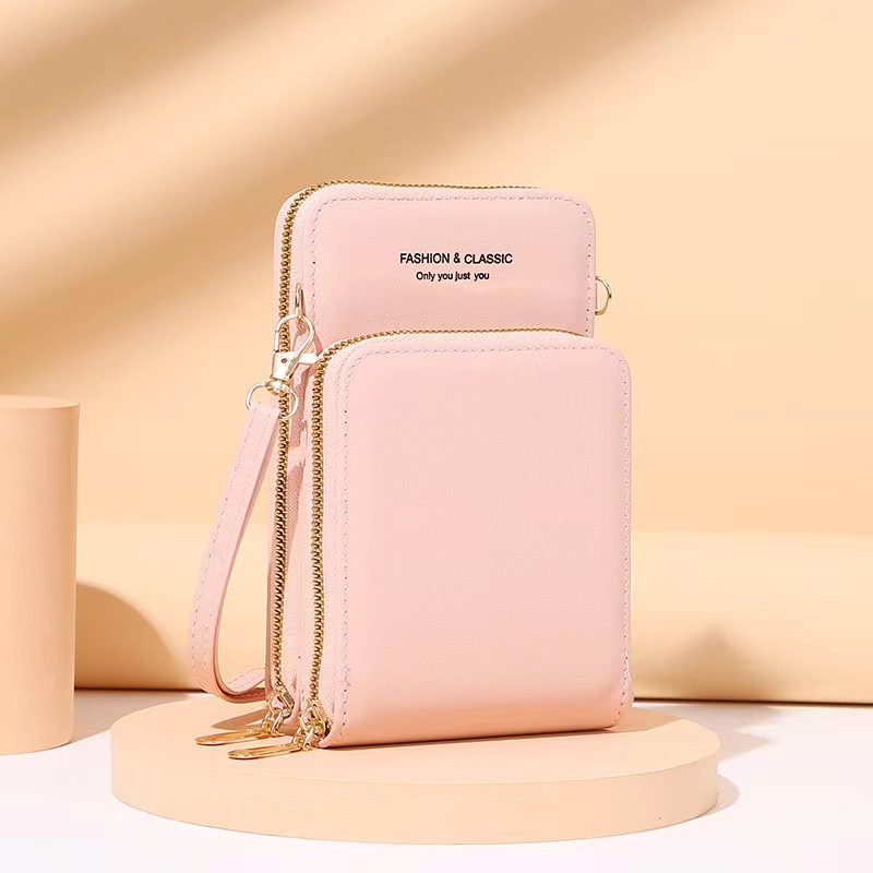 【Promoción】Bolso de Teléfono Multifuncional de Color Sólido, Nuevo Bolso de Cuero Pequeño de Un Solo Hombro, Bandolera, con Cierre de Dos Vías, Bolso de Mujer Transfronterizo