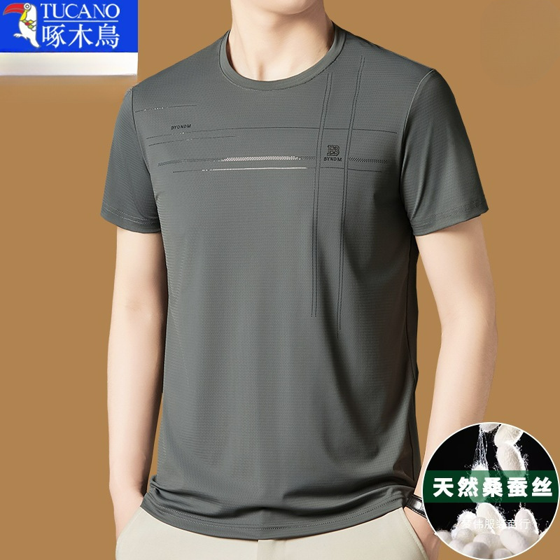 キツツキマルベリーシルク半袖 Tシャツメンズ 2025 新しい夏のラウンドネック Tシャツアイスシルク半袖メンズ Mengwei|undefined