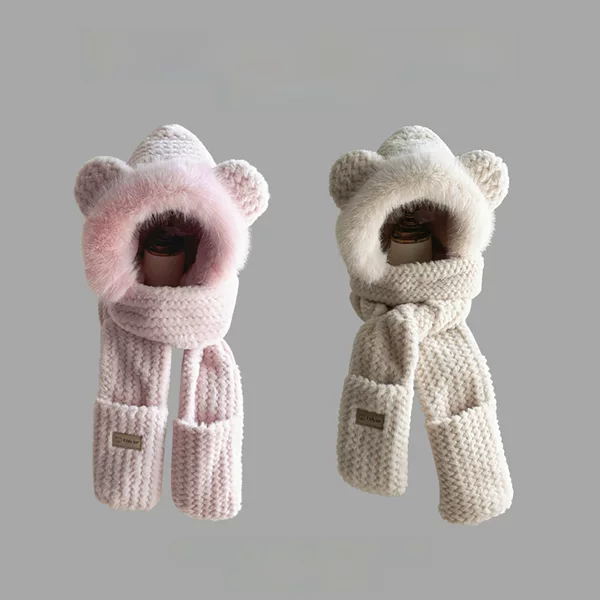 Bear Hat, Scarf and Gloves All in One Winter Windproof Ear Protection Thickeneded Autumn and Winter Warm and Cute Plush One-Piece Hat