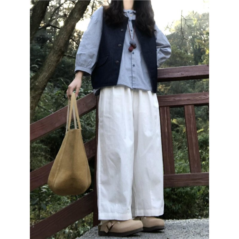 日系学院风简约条纹牛仔马甲搭配木耳花边格纹衬衫白裤子三件套装|undefined