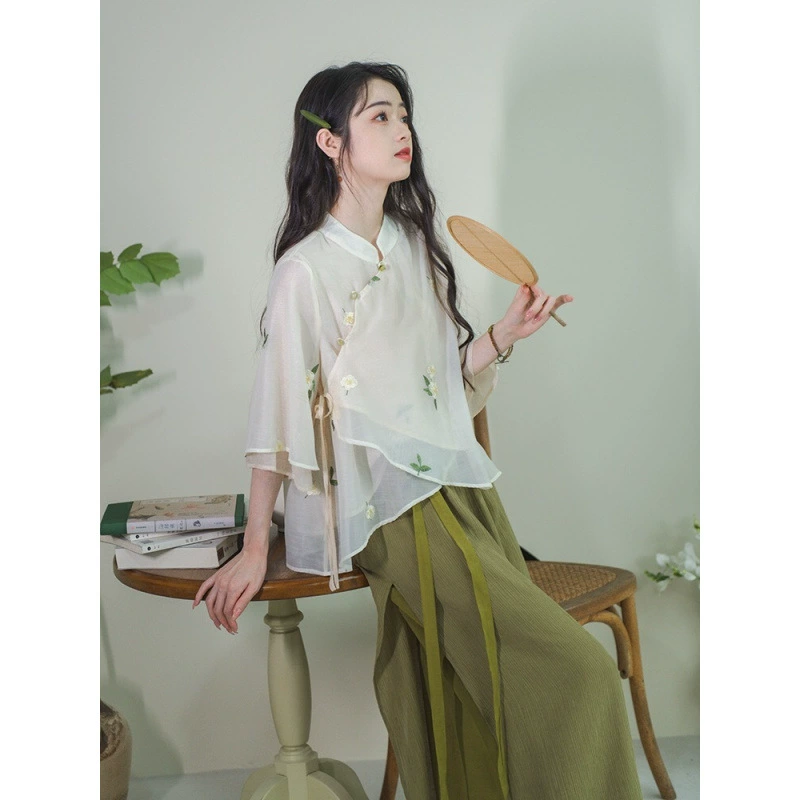 Новый летний новый китайский улучшенный костюм топ большой размер свободные широкие брюки