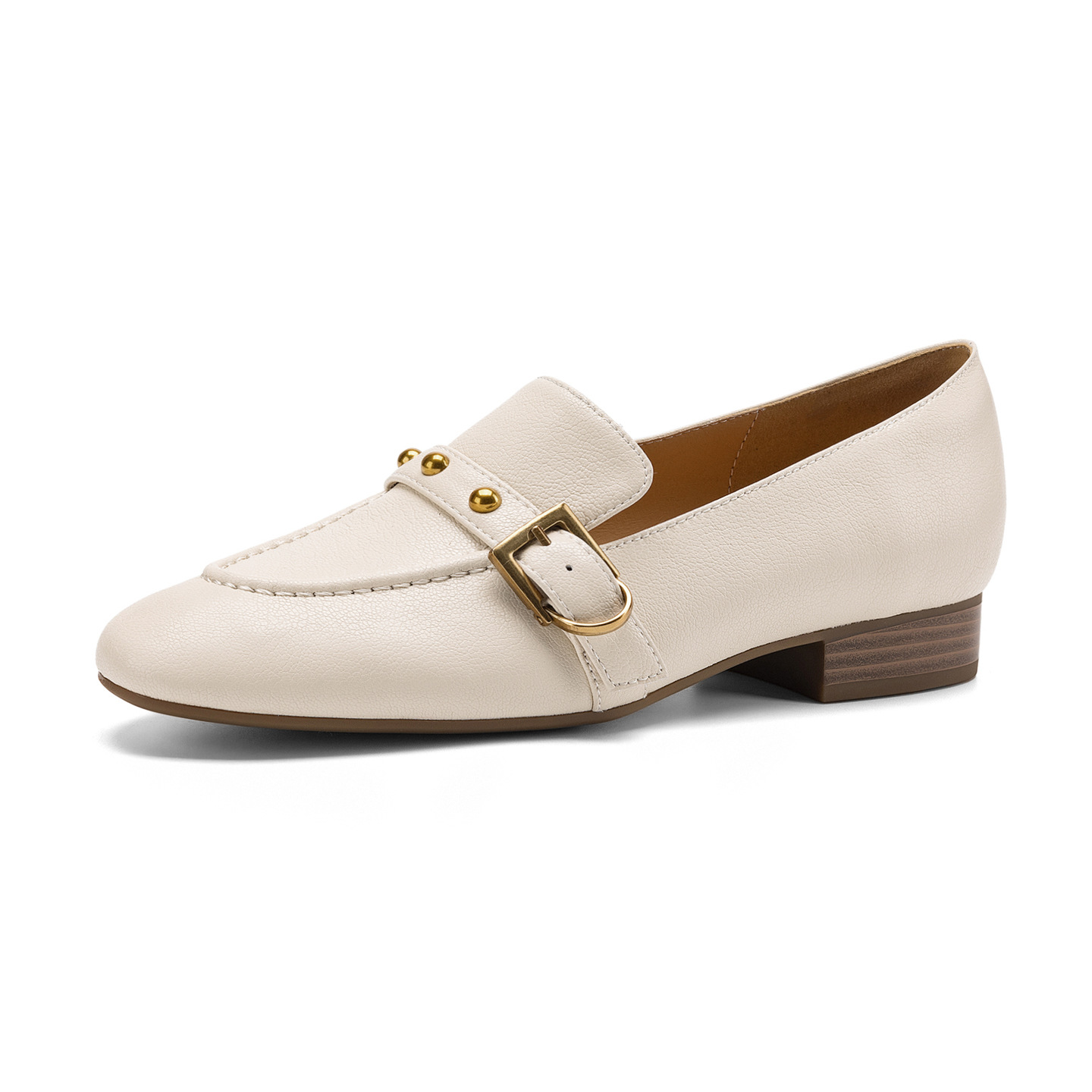 Giày da cừu loafer nữ mũi tròn gót thấp đinh tán — đen