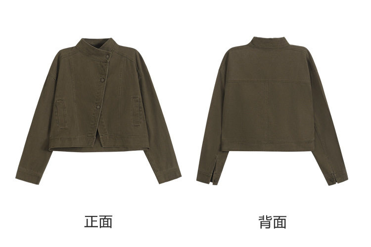 Áo khoác denim ngắn dáng rộng cổ polo cho nữ, dài tay, phong cách giản dị — Áo khoác bò dài tay, Màu nâu (trà nâu), màu xanh chi tiết 40