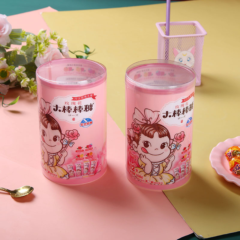 卡通玫瑰花棒棒糖玫瑰零食糖果半透明圆形桶小大糖果空盒子包装