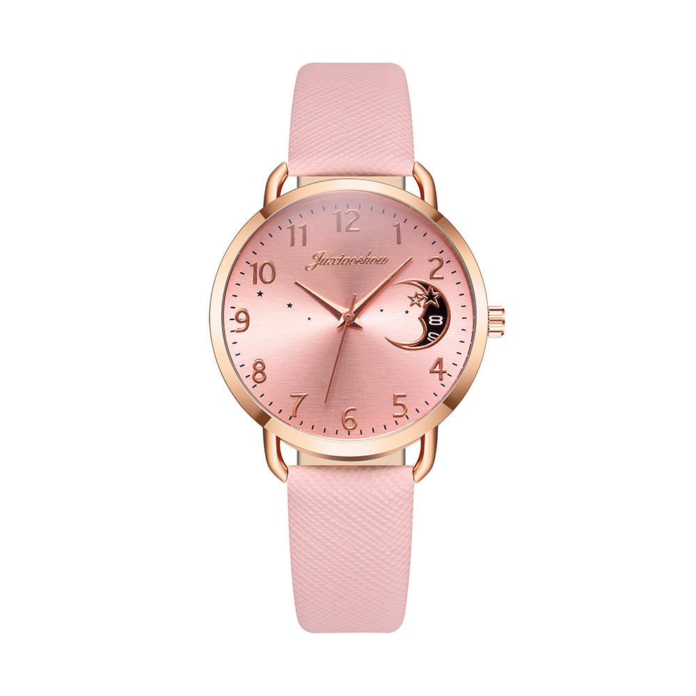 new hot women's personality quartz watch set Pu with moon pattern dial with calendar_voghion.com