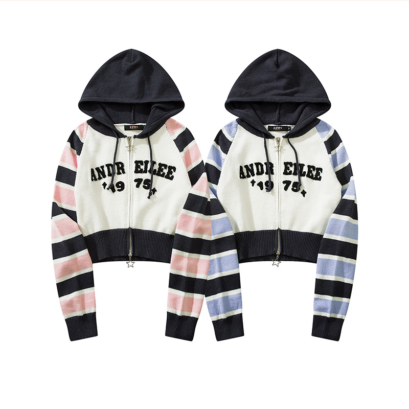 YWFG ropa de mujer americana retro letras rayadas 2024 primavera cardigan con capuz suéter de punto de manga larga