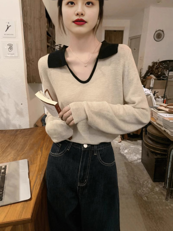 大きいサイズの年齢を減らして色のpolo襟のメリヤスの底のシャツの女性の春秋の太っているmmはやせている洋気の正肩の長袖の上着を現します。|undefined