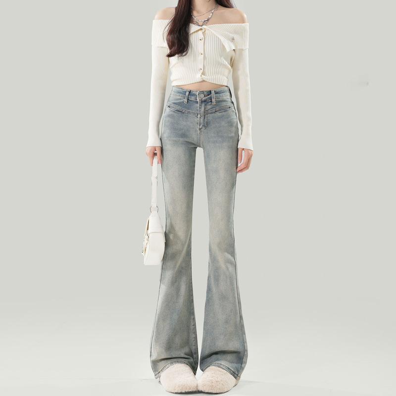 复古高腰微喇牛仔裤女2025春秋新款辣妹弹力修身马蹄喇叭长裤子潮|undefined