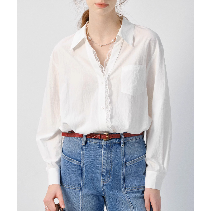 White Shirt Women's Long Sleeve 2025 Spring New Ouruo Style Lace Loose Top
