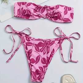 2025跨境专供树叶印花欧美泳衣女bikini泳装系绳比基尼运动款