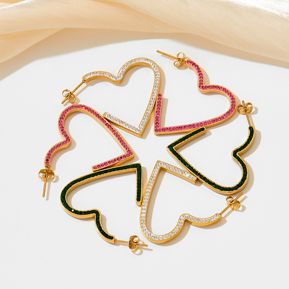 Fashion Heart Shape Stainless Steel Inlay Rhinestones Earrings 1 Pair
