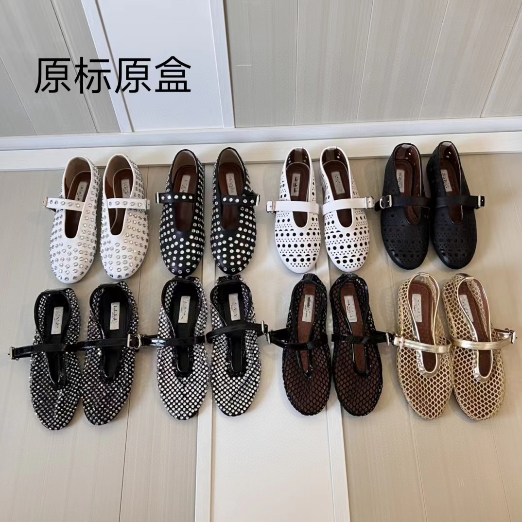2024 New Summer Style One-Line Buckle Ballet Shoes Full of Diamonds Flat Bottom Cut Out Retro Mary Jane Shoes Fishnet Shoes