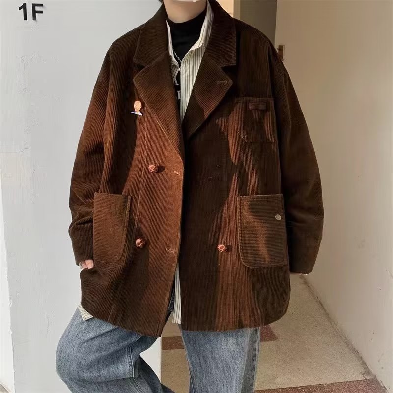 vintage Dark brown suit coat spring and autumn ins Chaopai Handsome ruffian American style Retro corduroy work clothes Jacket