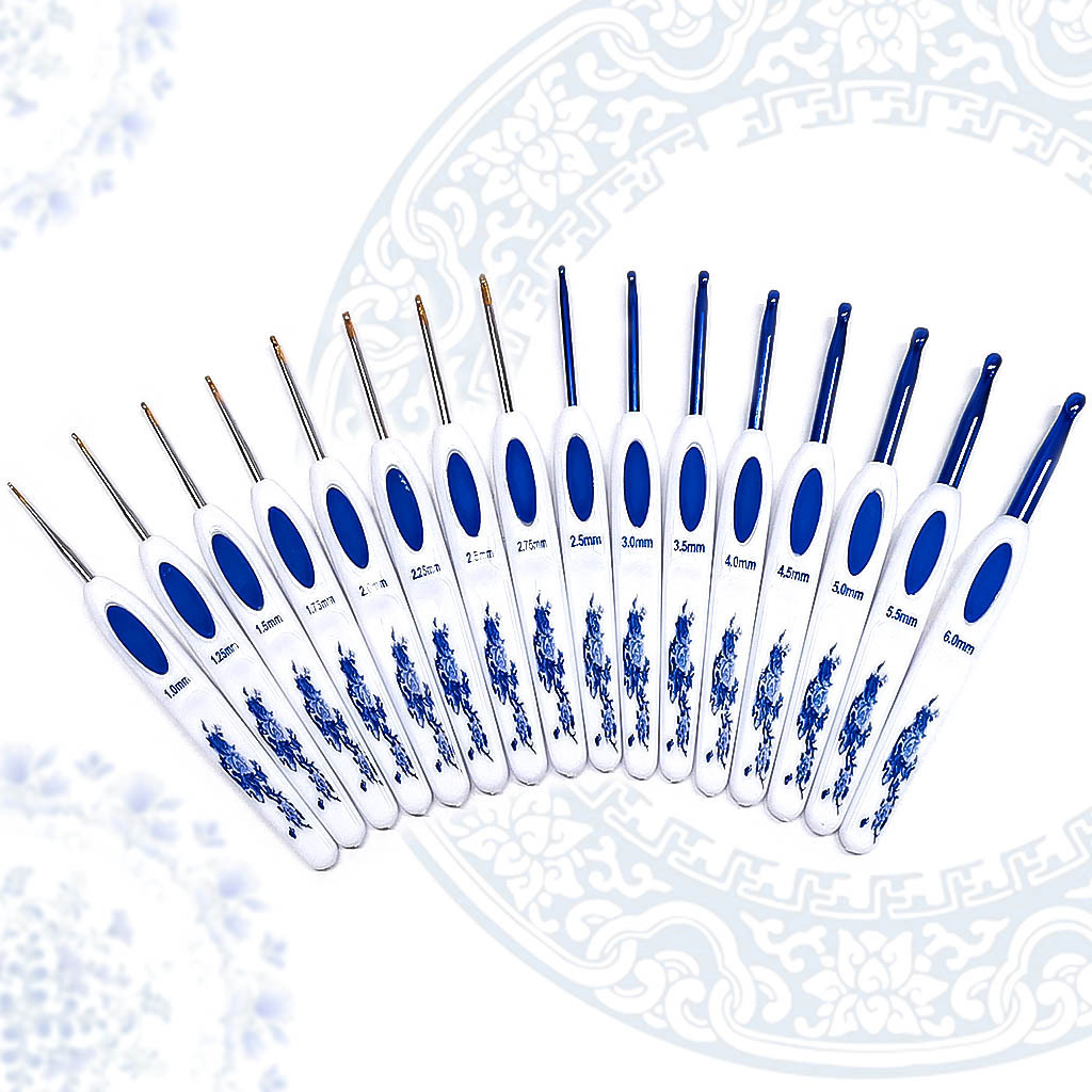 Herramientas de tejer nuevo suéter aguja mango de plástico azul y blanco mango de porcelana de aluminio crochet conjunto de 8 unidades